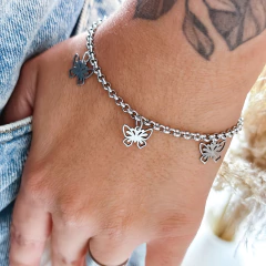 Pulseira Elo Português Fino Borboletas Aço inox Prata Ref 1214