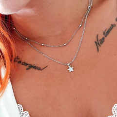 Colar Duplo Corrente Mini Esferas E Lisa Pingente Estrela Aço Inox Prata Ref 1280