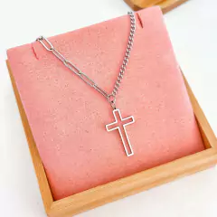 Colar Aço Inox Correntes e Cruz Aço Inox Prata