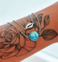 Escapulário Aço Inox Sereia Escama azul E Búzios Ref.1135