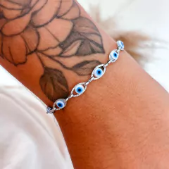 Pulseira Olho Grego Elo Oval Aço Inox Prata