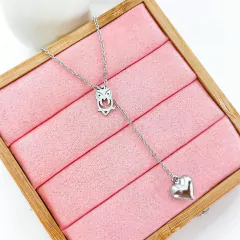 Colar Gravatinha Coruja e Coração Aço Inox Prata Ref 1281