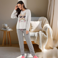 Pijama de Inverno Feminino Cinza Estampado