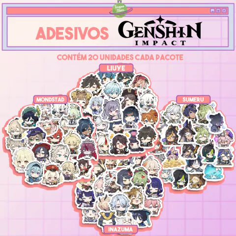 Pacote de Adesivos Genshin Impact com 20 unidades | Stickers | Mondstad, Liyue, Sumeru, Inazuma