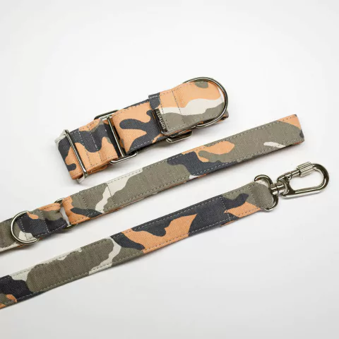 KIT MARTINGALE 4cm P e GUIA 1,2m - Camuflado Salmão (pronta-entrega)