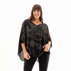 Blusa Erea negra con estampado brillante, de corte suelto y manga amplia, ideal para ocasiones elegantes.