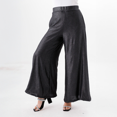 Pantalones palazzo de color negro con brillo, de corte amplio y elegante, ideales para ocasiones especiales.