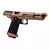 Imagem de uma pistola de airsoft GBB TTI Sand Viper JW4 Hi-Capa Army Armament na cor bronze, com acabamento em metal e grip ergonômico. A pistola possui design realista, com detalhes em preto e um cano de alta precisão.