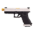 Pistola Airsoft Glock Umarex G17 Gen4 Blowback Prata, lado esquerdo, com detalhes em preto e dourado.