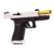 Pistola Airsoft Glock Umarex GBB G17 Gen4 Blowback na cor prata com detalhes em preto e cano dourado.