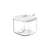 Açucareiro branco em vidro com colher, ideal para armazenar açúcar.