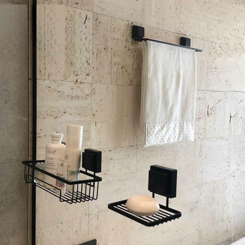 Toalheiro Duplo para Banheiro com Ventosa Preto Fosco na internet