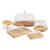 Kit de mesa posta com 5 itens, incluindo pratos de bambu e tampas transparentes.