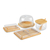 Kit de mesa posta com 4 itens em bambu e vidro, incluindo bandejas e recipiente com colher.