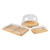 Kit de mesa posta com três itens, incluindo bandeja, dome e caixa de bambu com tampas transparentes.