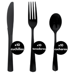 Set Tenedor Cuchillo Cuchara Plastico Reforzado 20 cm x30 Negro - Planeta Fiesta