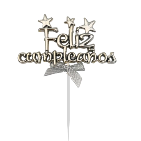 Topper Plastico Feliz Cumpleaños Plata x1