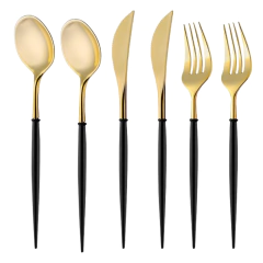 Set Tenedor Cuchillo Cuchara Dorado Mango Negro Premium - comprar online