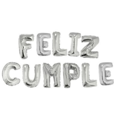 Globo Metalizado Set Plateado Feliz Cumple x1 Un