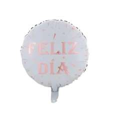 Globo Metalizado Redondo Blanco con letras Rosas 18" FELIZ DIA x1 Un