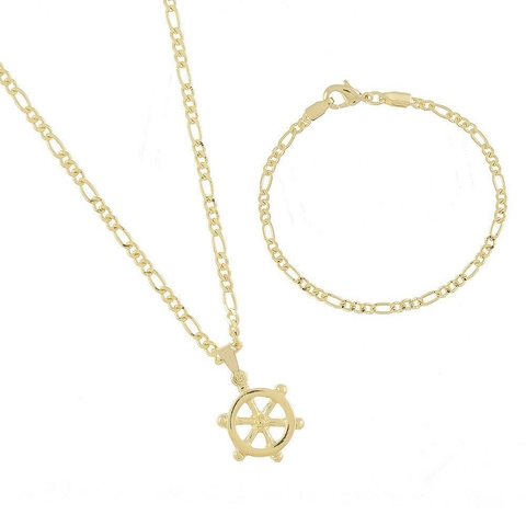 Kit corrente + pulseira + pingente leme