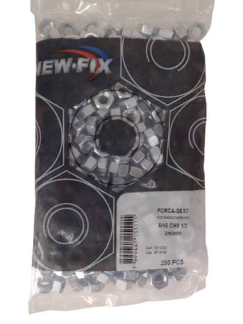 Porca Sextavada Zincada 5/16 x 1/2 New-Fix Pacote 200pçs