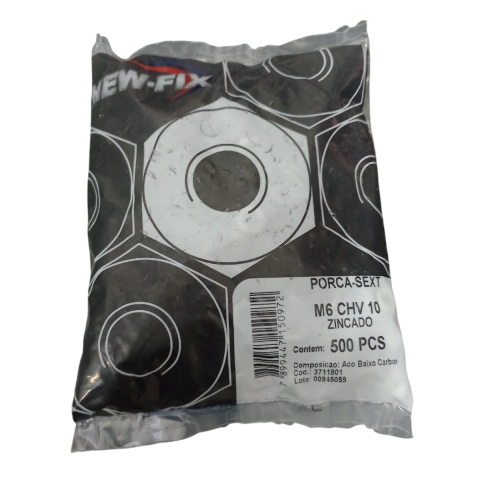 Porca Sextavada Zincada M6 Chave 10 New-Fix Pacote 500pçs