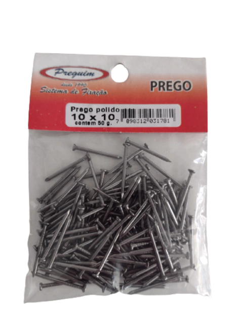 Prego polido 10X10 com cabeça preguin Cartela Com 50g