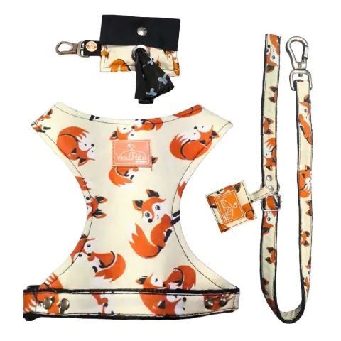 Kit Coleira Peitoral Pet Com Regulagem Guia E Cata Caca Estampa Raposa