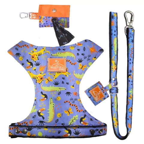 Kit Coleira Peitoral Pet Com Regulagem Guia E Cata Caca Estampa Floresta