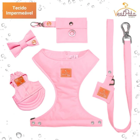Kit Coleira Peitoral À Prova D'água Impermeável Rosa com Guia Cata Caca Boné + Laço Grátis