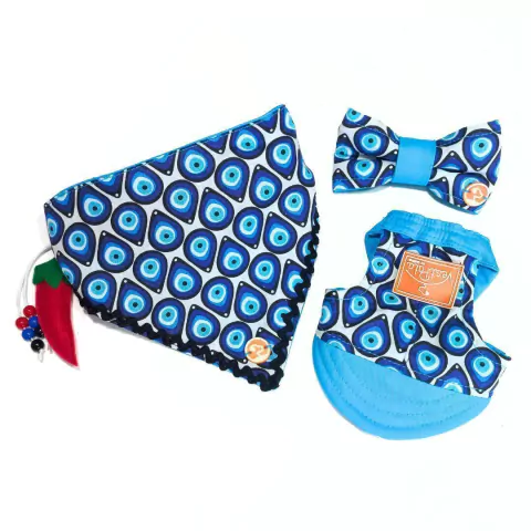 Kit Coleira Bandana com Boné e Laço Regulável Estampa Olho Grego