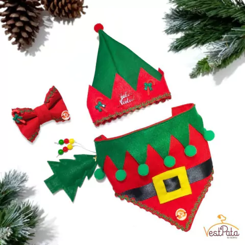 Fantasia Pet Duende de Natal com Gorro e Bandana Regulável + Laço Grátis