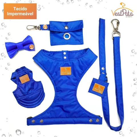Kit Coleira Peitoral À Prova D'água Impermeável Azul Royal com Guia Cata Caca Boné + Laço Grátis