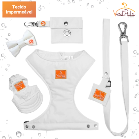 Kit Coleira Peitoral À Prova D'água Impermeável Branco com Guia Cata Caca Boné + Laço Grátis