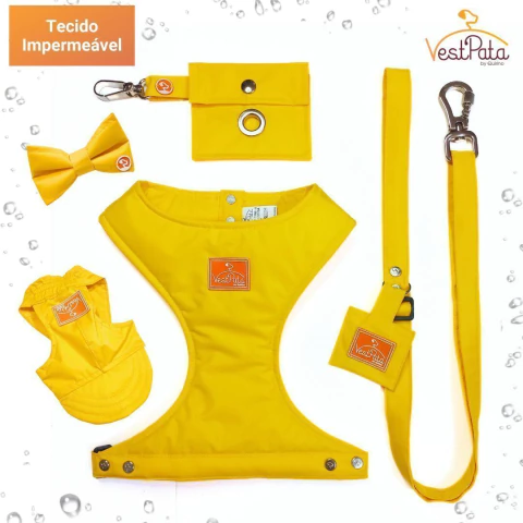 Kit Coleira Peitoral À Prova D'água Impermeável Amarelo com Guia Cata Caca Boné + Laço Grátis