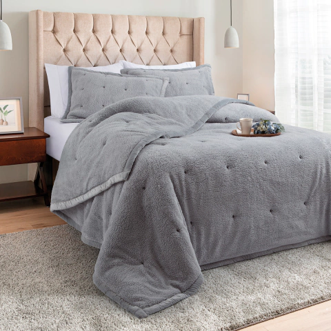 Kit 3 piezas Edredón King Corderito Gris Medio - Jean Cartier