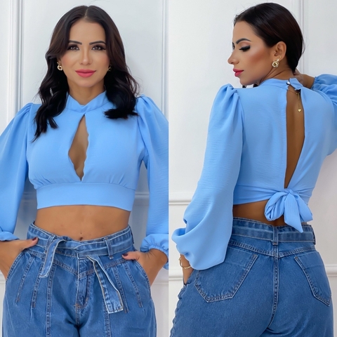 MOLDE CROPPED MANGA LONGA COM DECOTE NO BUSTO COM AMARRAÇÃO