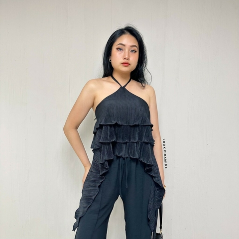 Blusa Bata Babado Plissada Preto