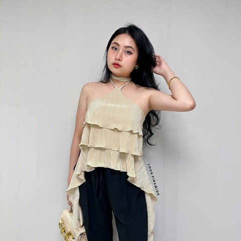 Blusa Bata Babado Plissada Bege