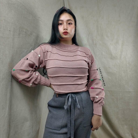 Blusa Tricô Bolinhas Coloridas Rosa Chá