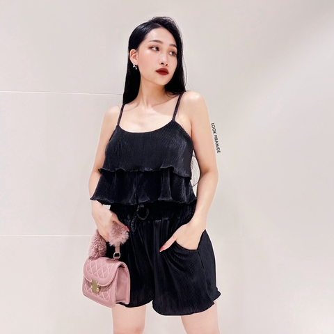 Conjunto Plissado Top Regata Babado Preto