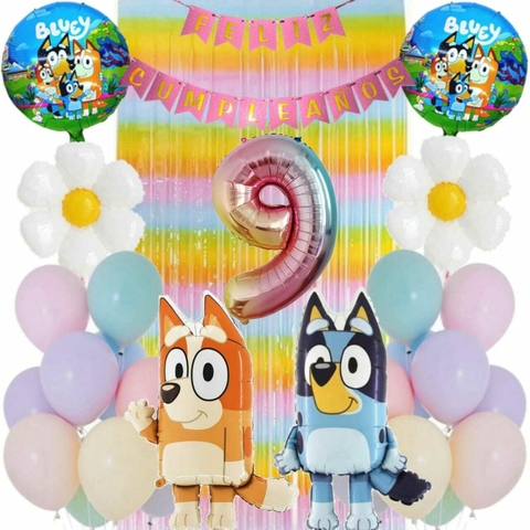 Combo Deco Feliz Cumpleaños Bluey Y Bingo Tonos Pastel