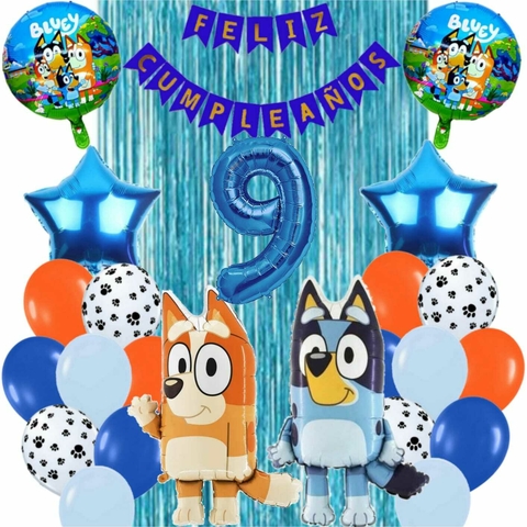 Combo Deco Feliz Cumpleaños Bluey Y Bingo Tonos Celestes