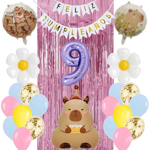 Combo Deco Feliz Cumpleaños Globos Capibara Tonos Rosas - comprar online