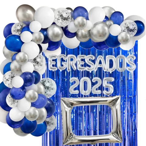 Arco De Globos Letras Egresados Azul, Plata Y Blanco