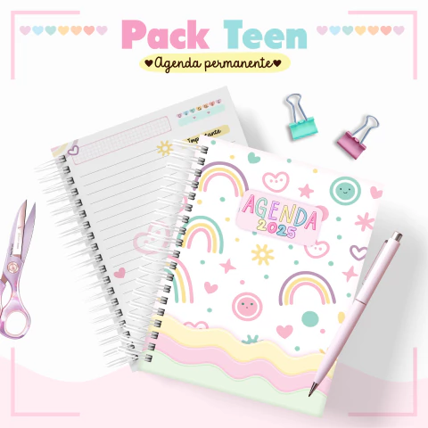 Imagem da Agenda Infantil Permanente Arco Iris, mostrando capas coloridas e um design divertido com arco-íris e emojis.