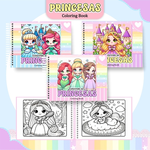 Livro de colorir digital "Colorindo Book Princesas Menina" com ilustrações de princesas e castelos.