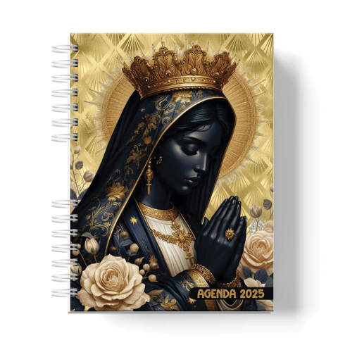 Agenda Nossa Senhora 2025 com capa ilustrada de uma imagem da virgem, adornada com rosas e detalhes dourados.