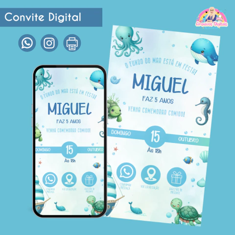 Convite digital interativo tema fundo do mar para festa infantil, com ilustrações de animais marinhos e botões para confirmar presença, ver localização e sugestão de presente.